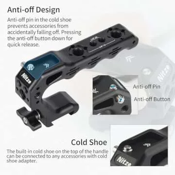 Nitze Camera Top Handle with NATO Clamp, Mini NATO Handle with Built-in Anti-Off Cold Shoe for DSLR and Mirrorless Camera Rigs (Lil Stinger II Handle) - PA28M-D1