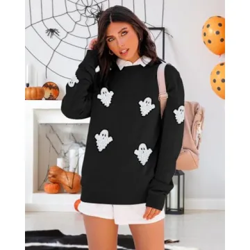 VILOVE Womens Halloween Ghost Sweatshirt: Oversized Sequin Spooky Graphic Shirts Long Sleeve Crewneck Halloween Pullover Tops Black
