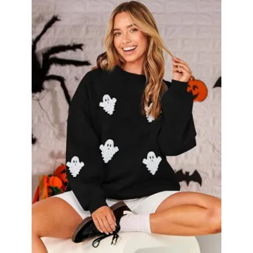 VILOVE Womens Halloween Ghost Sweatshirt: Oversized Sequin Spooky Graphic Shirts Long Sleeve Crewneck Halloween Pullover Tops Black