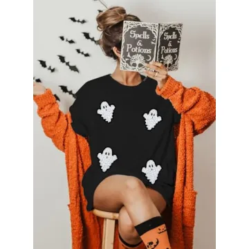 VILOVE Womens Halloween Ghost Sweatshirt: Oversized Sequin Spooky Graphic Shirts Long Sleeve Crewneck Halloween Pullover Tops Black