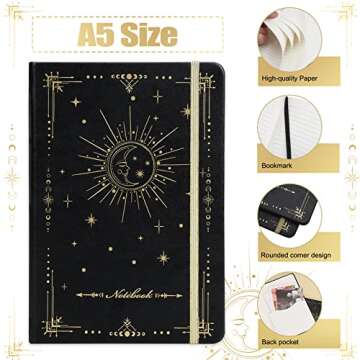 EOOUT Journals for Writing, 2 Pack Journal, A5 Hardcover Ruled Journal Notebook, Journals for Writing Women, 160 Pages, Faux Leather, 5.7 x 8.5 Inches, Stamped Moon Sun Lined Notebook with Pocket