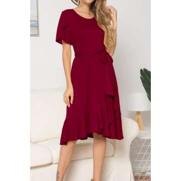 levaca Women Plain Casual Swing Ruffle Midi Dress with Belt Wine S