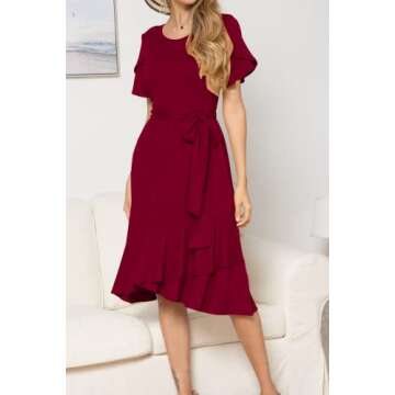 levaca Women Plain Casual Swing Ruffle Midi Dress with Belt Wine S