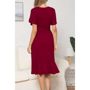 levaca Women Plain Casual Swing Ruffle Midi Dress with Belt Wine S