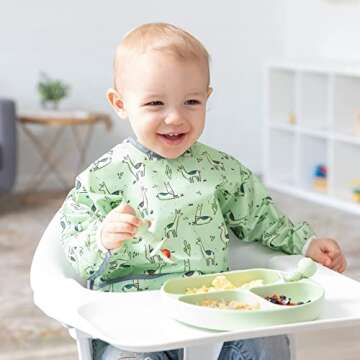 Bumkins Sleeved Bib for Girl or Boy, Baby and Toddler for 6-24 Mos, Essential Must Have for Eating, Feeding, Baby Led Weaning Supplies, Long Sleeve Mess Saving Food Catcher, Soft Fabric, Llama Green
