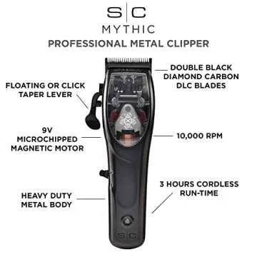 Stylecraft Mythic Professional Metal Body Cordless Hair Clipper with 9V Magnetic Microchipped Motor, Double Black Diamond Carbon Blades, 8 Guards, Black