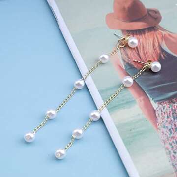 Allereyae Boho Dangle Pearl Drop Earrings Long Tassel Pearl Earrings Vintage Pearl Studs Earrings Wedding Pearl Chain Earrings for Women