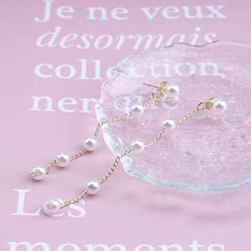 Allereyae Boho Dangle Pearl Drop Earrings Long Tassel Pearl Earrings Vintage Pearl Studs Earrings Wedding Pearl Chain Earrings for Women