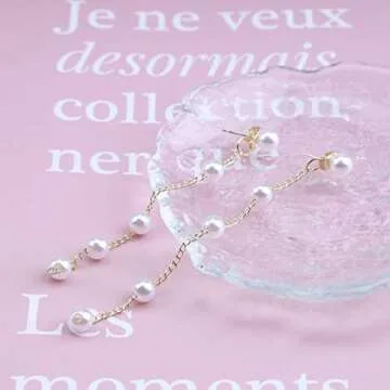 Allereyae Boho Dangle Pearl Drop Earrings Long Tassel Pearl Earrings Vintage Pearl Studs Earrings Wedding Pearl Chain Earrings for Women