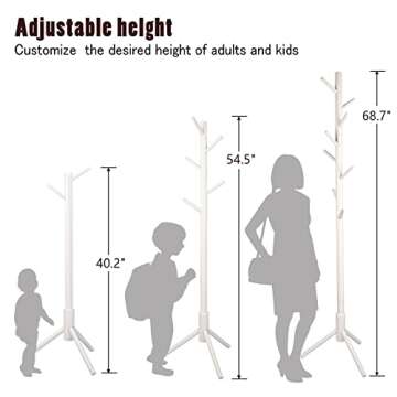 YEVONNIE Solid Wood Coat Rack, Free Standing Coat Rack, Tree-Shaped Coat Rack with 8 Hooks,3 Adjustable Size,for Clothes, Hats, Bags, for Living Room, Bedroom, Home Office, White(6183white)