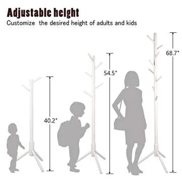 YEVONNIE Solid Wood Coat Rack, Free Standing Coat Rack, Tree-Shaped Coat Rack with 8 Hooks,3 Adjustable Size,for Clothes, Hats, Bags, for Living Room, Bedroom, Home Office, White(6183white)