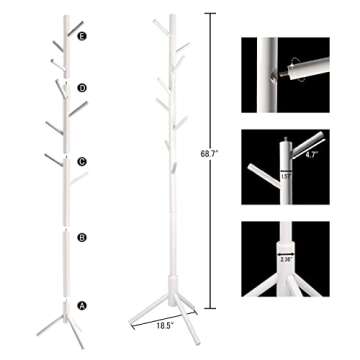 YEVONNIE Solid Wood Coat Rack, Free Standing Coat Rack, Tree-Shaped Coat Rack with 8 Hooks,3 Adjustable Size,for Clothes, Hats, Bags, for Living Room, Bedroom, Home Office, White(6183white)