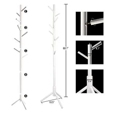 YEVONNIE Solid Wood Coat Rack, Free Standing Coat Rack, Tree-Shaped Coat Rack with 8 Hooks,3 Adjustable Size,for Clothes, Hats, Bags, for Living Room, Bedroom, Home Office, White(6183white)