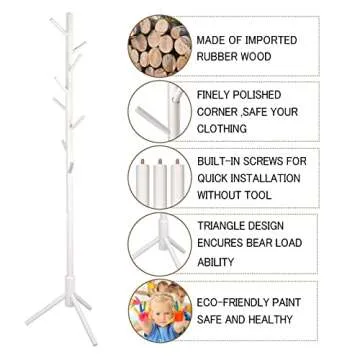 YEVONNIE Solid Wood Coat Rack, Free Standing Coat Rack, Tree-Shaped Coat Rack with 8 Hooks,3 Adjustable Size,for Clothes, Hats, Bags, for Living Room, Bedroom, Home Office, White(6183white)