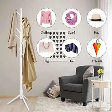 YEVONNIE Solid Wood Coat Rack, Free Standing Coat Rack, Tree-Shaped Coat Rack with 8 Hooks,3 Adjustable Size,for Clothes, Hats, Bags, for Living Room, Bedroom, Home Office, White(6183white)