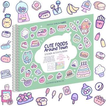 Girly Sticker Book Activity for Kids, Cute Foods Around Town by Cupkin, Toddler Airplane Travel Essentials, 500+ Stickers for Kids 12 Scenes + Coloring Book Pages, Crafts Ages 2-8