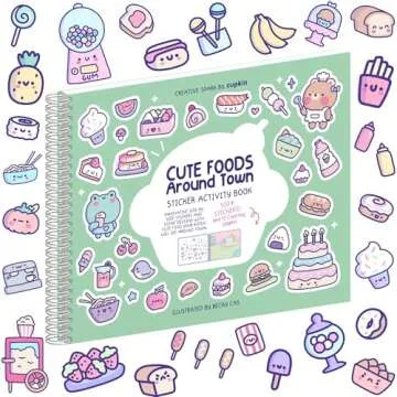 Girly Sticker Book Activity for Kids, Cute Foods Around Town by Cupkin, Toddler Airplane Travel Essentials, 500+ Stickers for Kids 12 Scenes + Coloring Book Pages, Crafts Ages 2-8