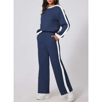 Herseas Women 2 Piece Blue Travel Outfits Color Block Loose Sweatsuit Casual Airport Outfit Going Home Trendy Matching Sets