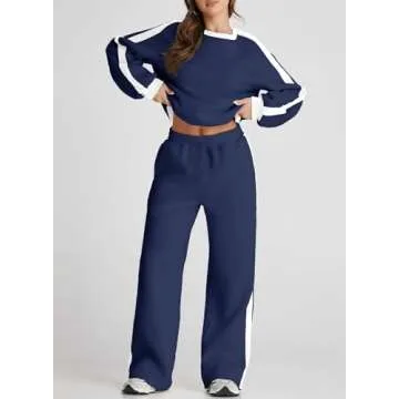 Herseas Women 2 Piece Blue Travel Outfits Color Block Loose Sweatsuit Casual Airport Outfit Going Home Trendy Matching Sets