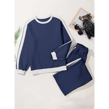 Herseas Women 2 Piece Blue Travel Outfits Color Block Loose Sweatsuit Casual Airport Outfit Going Home Trendy Matching Sets