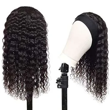 Headband Wig Human Hair Deep Wave 18 inch None Lace Front Wig Human Hair Machine Made Wigs Glueless Curly Hair Headband Half Wigs for Black Women Human Hair Natural Color