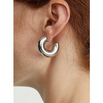 Chunky Silver Hoops Earrings For Women,Thick Silver Circle Open Hoop,Lightweight Hollow Earrings For Women Trendy,Water Proof Earrings Jewelry,30MM