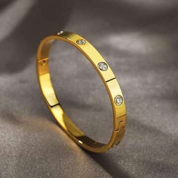 A D. ALLEN & DANMI. AD Jewelry 18 K Gold Plated Love Bangle Bracelet Stone Stainless Steel Bangle for Love(Gold and Silvery)