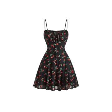 SOLY HUX Women's Summer Cute Vintage Cherry Print A Line Flowy Tea Party Mini Cami Dresse Black Cherry Small