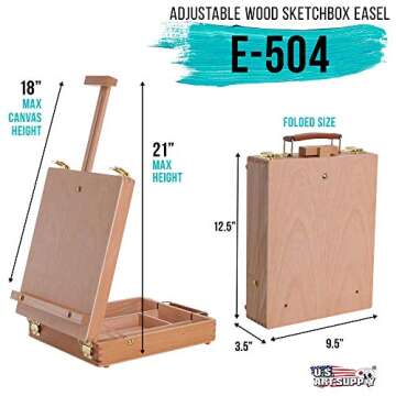 U.S. Art Supply Newport Small Adjustable Wood Table Sketchbox Easel, Premium Beechwood - Portable Wo...