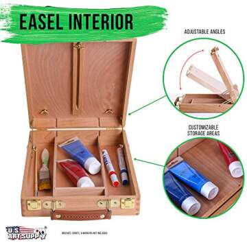 U.S. Art Supply Newport Small Adjustable Wood Table Sketchbox Easel, Premium Beechwood - Portable Wooden Artist Desktop Storage Case - Store Art Paint, Markers, Sketch Pad - Student Drawing, Painting