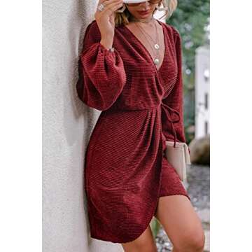 BerryGo Women's 2023 Elegant Velvet Wrap Long Balloon Sleeve Party Dresses Deep V Neck Cocktail Mini Fall Dress Wine Red,S