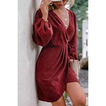 BerryGo Women's 2023 Elegant Velvet Wrap Long Balloon Sleeve Party Dresses Deep V Neck Cocktail Mini Fall Dress Wine Red,S