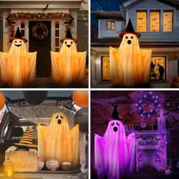 Halloween Decorations Outdoor Indoor- 2 Packs Large Light-Up Spooky Standing Ghost Decor with 8 Modes Remote String Lights, Scary Halloween Ghost Lights for Porches Yards Gardens Party Decorations