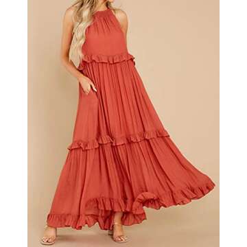 R.Vivimos Womens Summer Dress Cotton Sleeveless Halter Layered Ruffles Casual Boho Flowy Maxi Dress (X-Large, Orange)