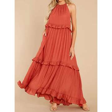 R.Vivimos Womens Summer Dress Cotton Sleeveless Halter Layered Ruffles Casual Boho Flowy Maxi Dress (X-Large, Orange)