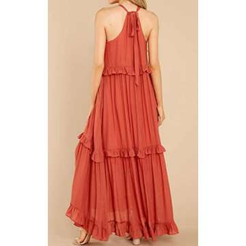 R.Vivimos Womens Summer Dress Cotton Sleeveless Halter Layered Ruffles Casual Boho Flowy Maxi Dress (X-Large, Orange)