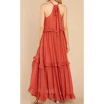 R.Vivimos Womens Summer Dress Cotton Sleeveless Halter Layered Ruffles Casual Boho Flowy Maxi Dress (X-Large, Orange)