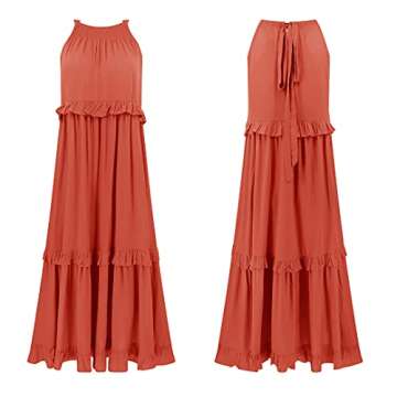 R.Vivimos Womens Summer Dress Cotton Sleeveless Halter Layered Ruffles Casual Boho Flowy Maxi Dress (X-Large, Orange)