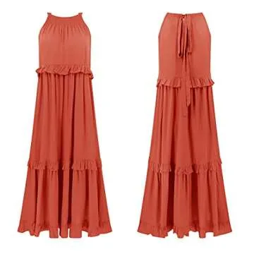 R.Vivimos Womens Summer Dress Cotton Sleeveless Halter Layered Ruffles Casual Boho Flowy Maxi Dress (X-Large, Orange)