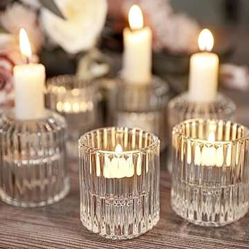 Reversible Glass Candle Holder Set of 6 Clear Ribbed Glass Votive Holders Tealight Candle Holders Taper Candle Holders for Candlesticks for Table Centerpiece Wedding Birthday Party Christmas Festival