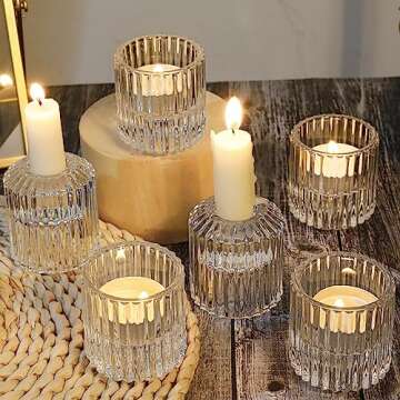 Reversible Glass Candle Holder Set of 6 Clear Ribbed Glass Votive Holders Tealight Candle Holders Taper Candle Holders for Candlesticks for Table Centerpiece Wedding Birthday Party Christmas Festival