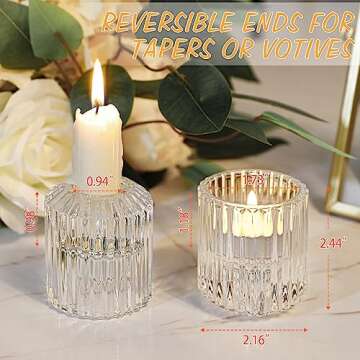 Reversible Glass Candle Holder Set of 6 Clear Ribbed Glass Votive Holders Tealight Candle Holders Taper Candle Holders for Candlesticks for Table Centerpiece Wedding Birthday Party Christmas Festival