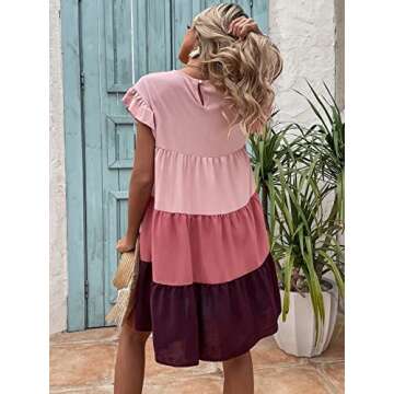 NEROXA Women's 2023 Summer Dress Round Neck Colorblock Flounce Sleeve Ruffle Hem Chiffon Smock Short...