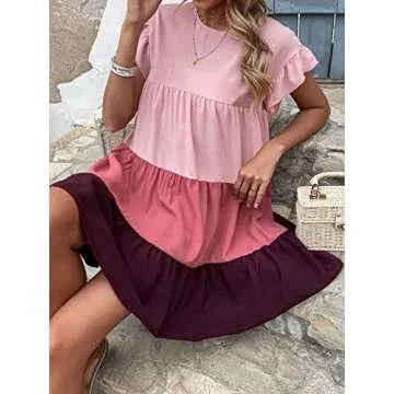 NEROXA Women's 2023 Summer Dress Round Neck Colorblock Flounce Sleeve Ruffle Hem Chiffon Smock Short Dress