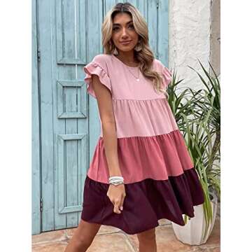 NEROXA Women's 2023 Summer Dress Round Neck Colorblock Flounce Sleeve Ruffle Hem Chiffon Smock Short Dress