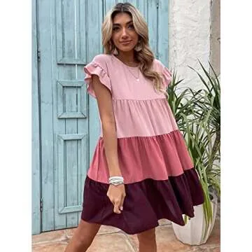 NEROXA Women's 2023 Summer Dress Round Neck Colorblock Flounce Sleeve Ruffle Hem Chiffon Smock Short Dress
