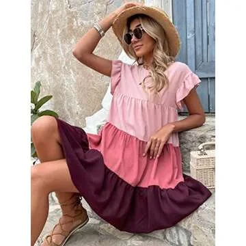 NEROXA Women's 2023 Summer Dress Round Neck Colorblock Flounce Sleeve Ruffle Hem Chiffon Smock Short Dress