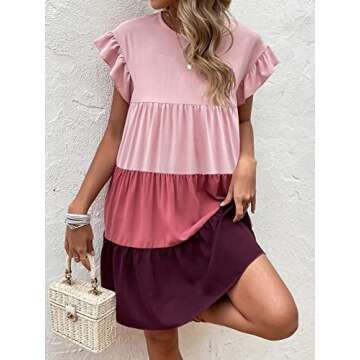 NEROXA Women's 2023 Summer Dress Round Neck Colorblock Flounce Sleeve Ruffle Hem Chiffon Smock Short Dress