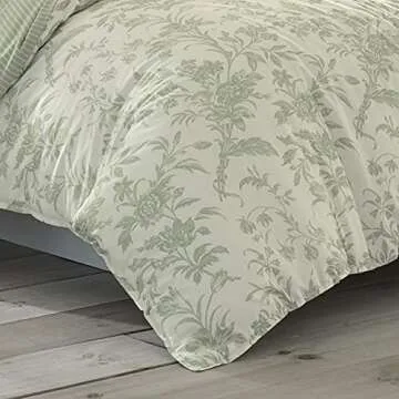 Laura Ashley Home - King Duvet Cover Set, Reversible Cotton Bedding, Includes Matching Shams with Bonus Euro Shams & Throw Pillows (Natalie Green, King)