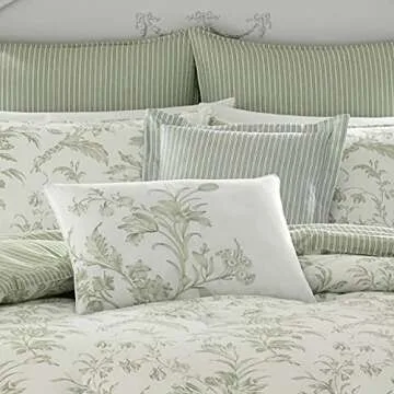 Laura Ashley Home - King Duvet Cover Set, Reversible Cotton Bedding, Includes Matching Shams with Bonus Euro Shams & Throw Pillows (Natalie Green, King)